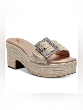 INC International Concepts Raffia Buckle Slide Sandals in Tan with Rhinestones